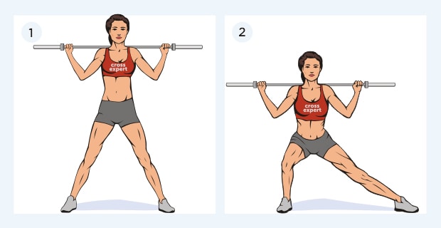 Выпады со штангой в стороны - техника выполнения