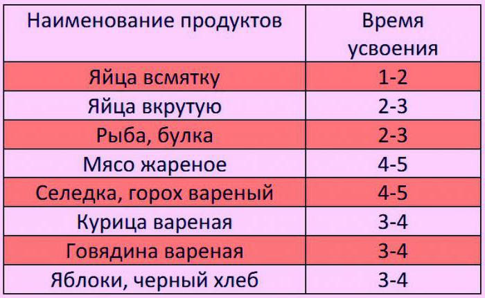 время переваривания пищи в желудке человека таблица