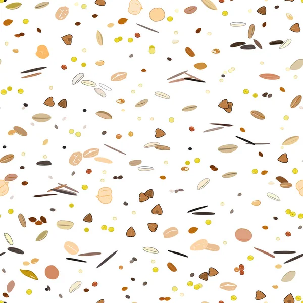 Seamless pattern with grains and cereals. Wheat, barley, oats, rye, buckwheat, amaranth, rice, millet, sorghum, quinoa, chia seeds, oatmeal, legumes. Vector Royalty Free Stock Vectors