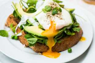 Toast topped with spinach, avocado and poached egg